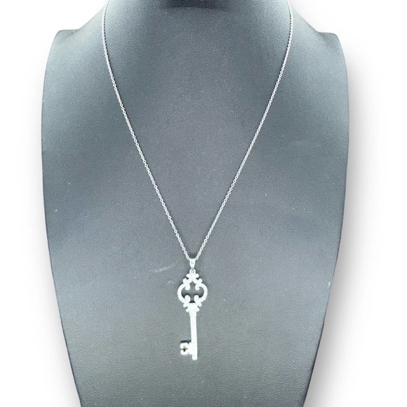 Sterling Silver Key Pendant Accented with Rhinestones Chain Link Necklace 17” - Picture 2 of 8